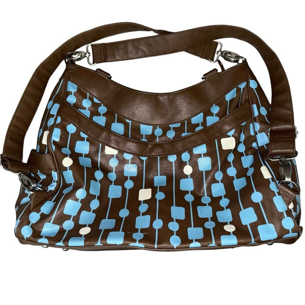 Petunia Pickle Bottom Brown Blue Faux Leather Zipper Pockets Diaper Bag w Straps - Picture 2 of 6
